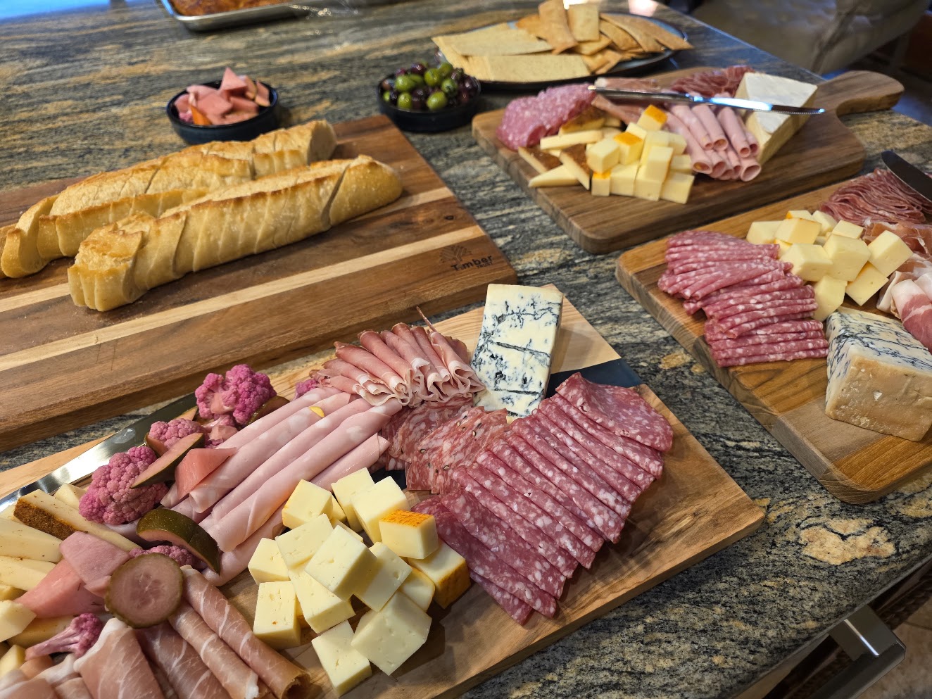 Charcuterie boards prepared for a catered reception