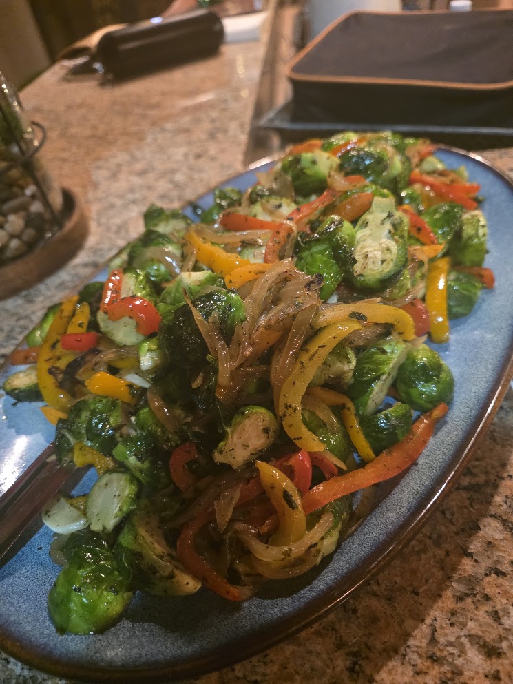 Brussels sprouts with peppers and onions