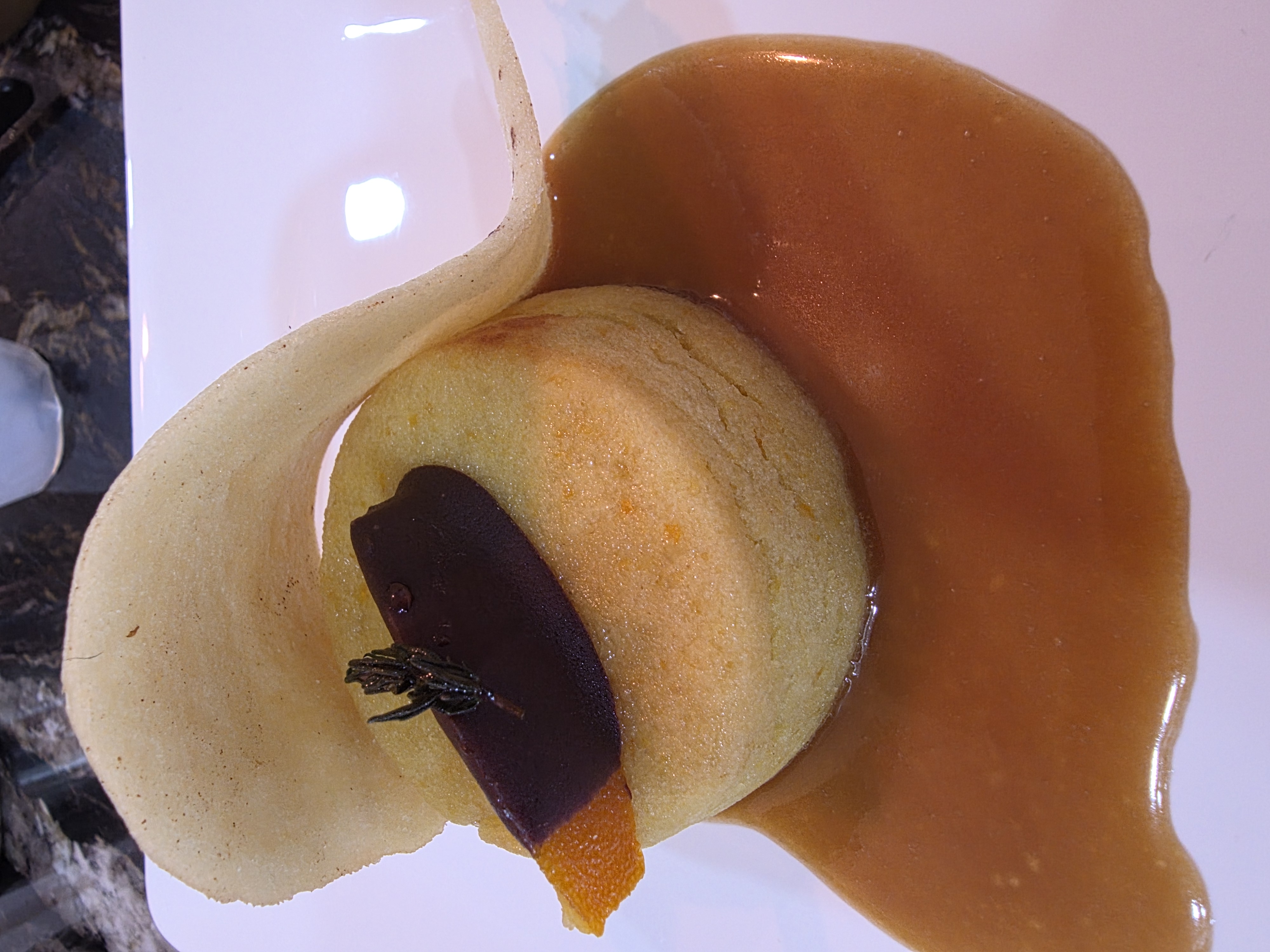 Sicilian orange cake with tuile, cajeta, and candied orange peel